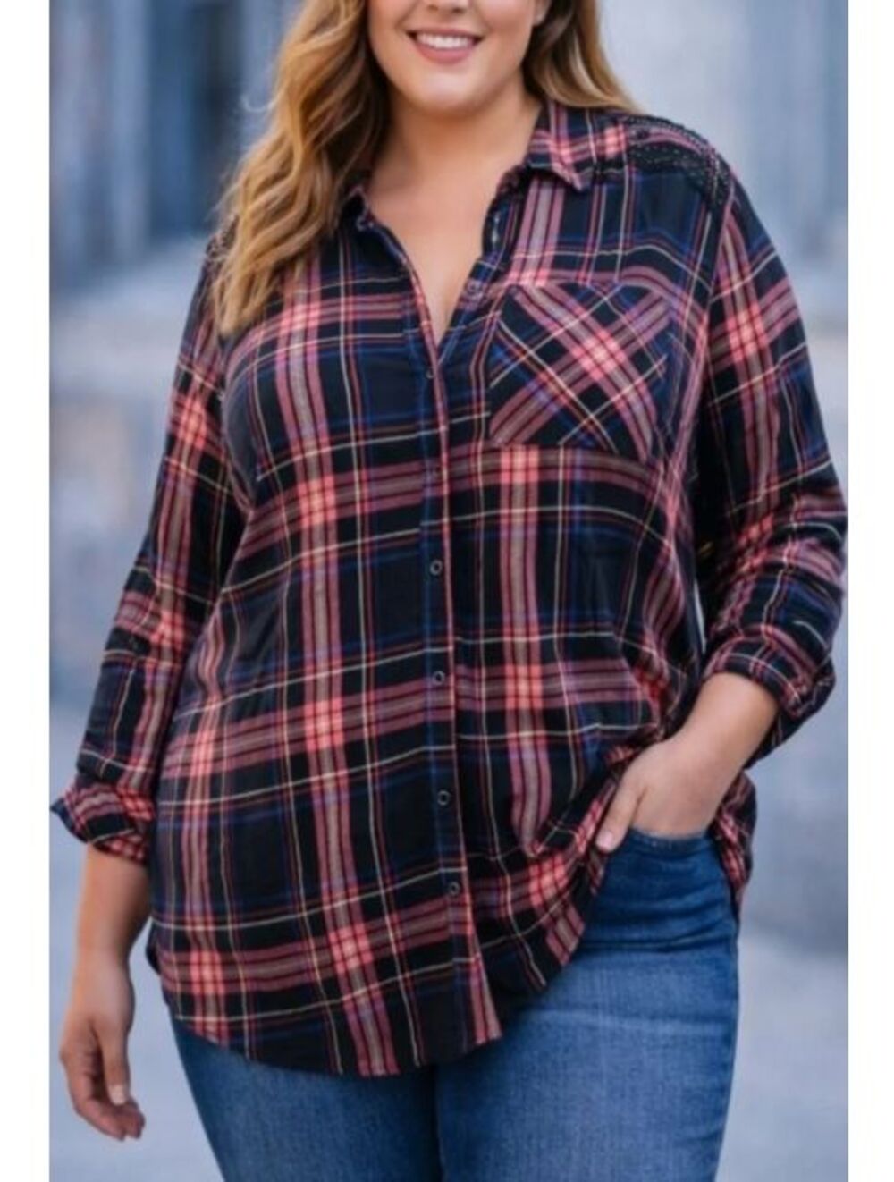 Evri Beaded Shoulder Purple Plaid Button Down Shirt Blouse Top 0X Boho Western